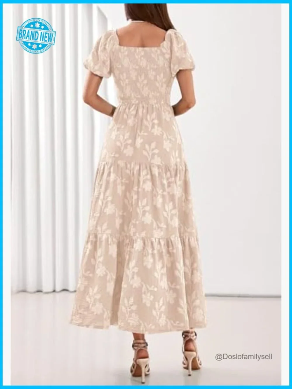 Boho Maxi Dress Floral Square Neck Smocked Bodice Flowy Tiered Summer - Picture 4 of 7